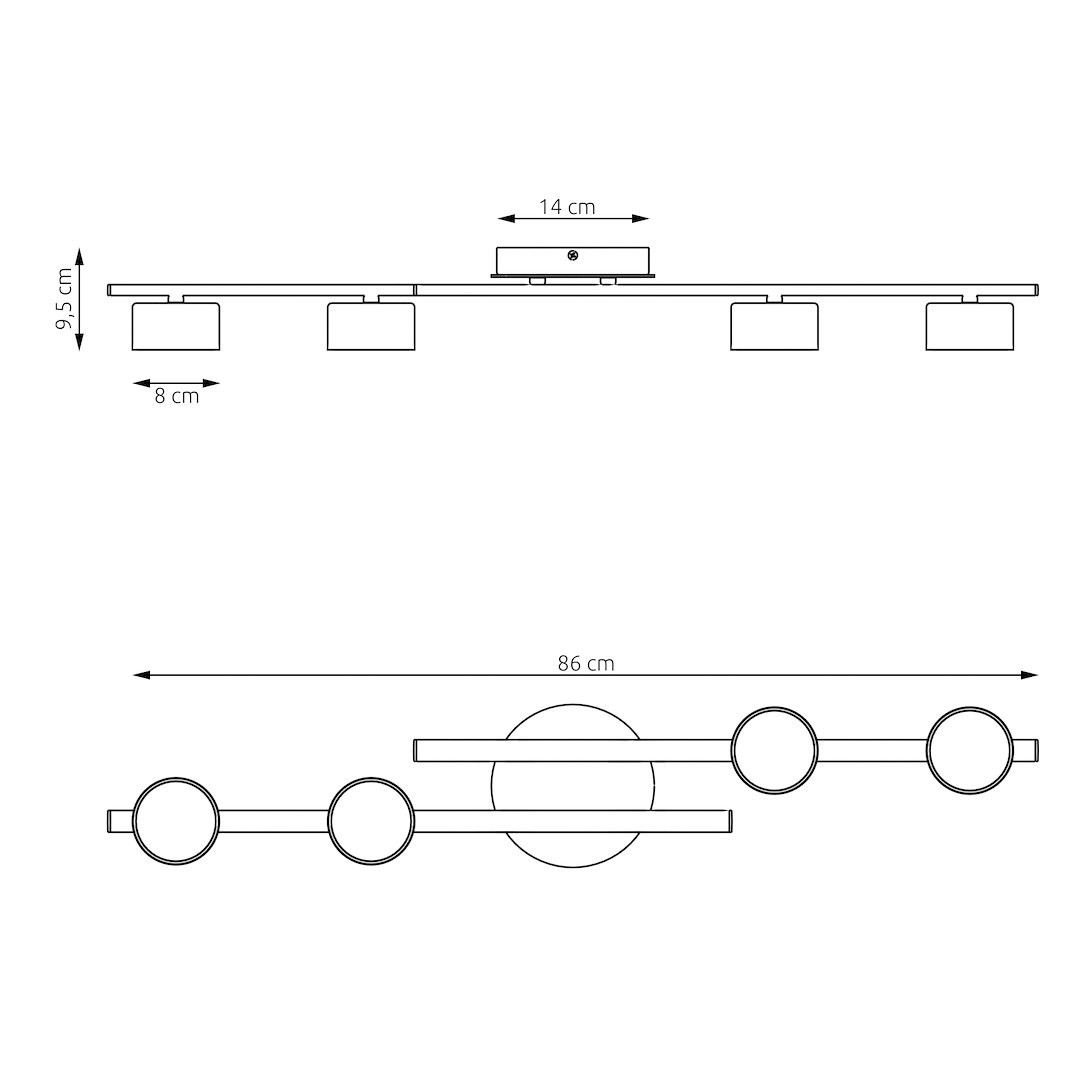 Fragment lampy sufitowej 4xGX53 w kolorze mokka. Konstrukcja o wymiarach 86 cm długości, 14 cm szerokości i 9,5 cm wysokości, z czterema okrągłymi kloszami. Ujęcie z boku pokazujące szczegóły i proporcje produktu.