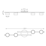 Fragment lampy sufitowej 4xGX53 w kolorze mokka. Konstrukcja o wymiarach 86 cm długości, 14 cm szerokości i 9,5 cm wysokości, z czterema okrągłymi kloszami. Ujęcie z boku pokazujące szczegóły i proporcje produktu.