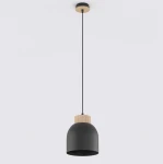 Lampa wisząca Vigo w kolorze czarnym z metalowym kloszem i drewnianym detalem u góry. Zawieszona na cienkim czarnym przewodzie, montowana do sufitu. Prosty, nowoczesny design, idealna do wnętrz.
