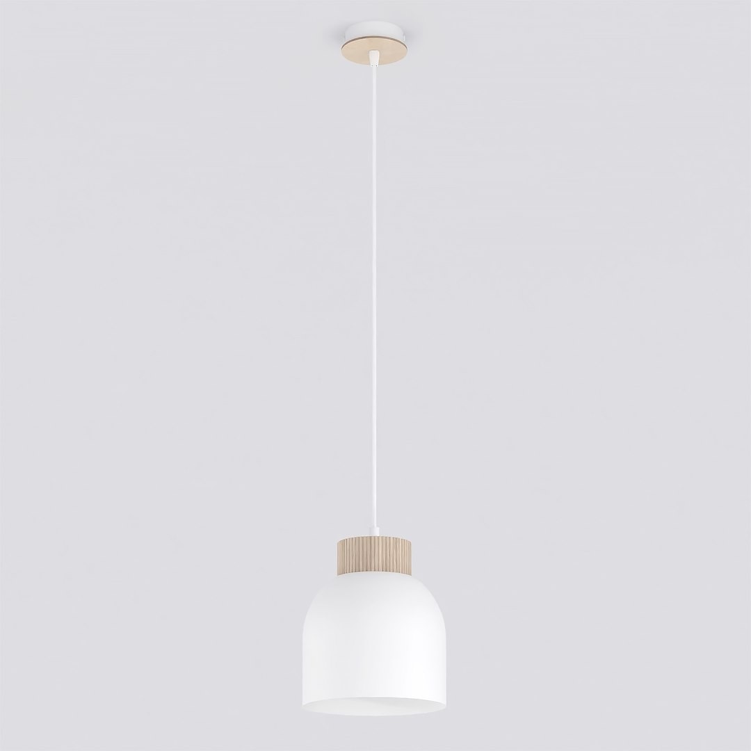 Lampa wisząca Vigo w kolorze białym z oprawą z drewna, zawieszona na cienkim białym kablu. Posiada okrągłą, matową klosz o kształcie stożka, montowana do sufitu przez drewniany element. Idealna do nowoczesnych wnętrz.