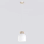 Lampa wisząca Vigo w kolorze białym z oprawą z drewna, zawieszona na cienkim białym kablu. Posiada okrągłą, matową klosz o kształcie stożka, montowana do sufitu przez drewniany element. Idealna do nowoczesnych wnętrz.