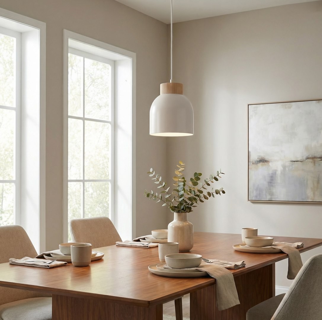 Lampa wisząca Vigo 1xE27 w kolorze białym z drewnianym detalem. Zawieszona nad stołem w jadalni, otoczona ceramicznymi naczyniami i bukietem eukaliptusa. Jasne tło z dużymi oknami i nowoczesnym obrazem w delikatnych tonach.