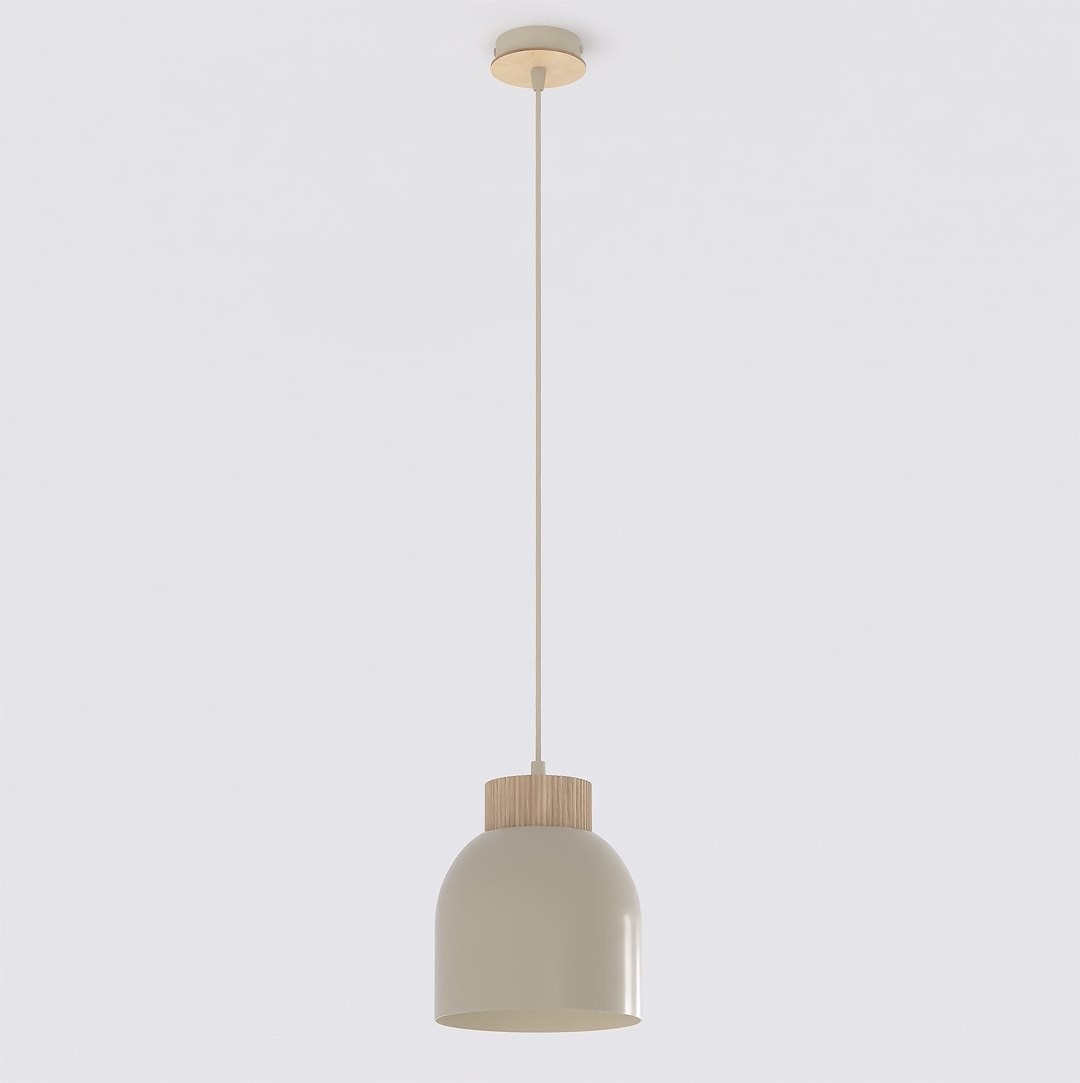 Lampa wisząca Vigo 1xE27 w kolorze mokka, z okrągłym kloszem i drewnianym detalem u góry. Zawieszona na długim kablu, w minimalistycznym stylu, idealna do nowoczesnych wnętrz. Tło jasne, jednolite.