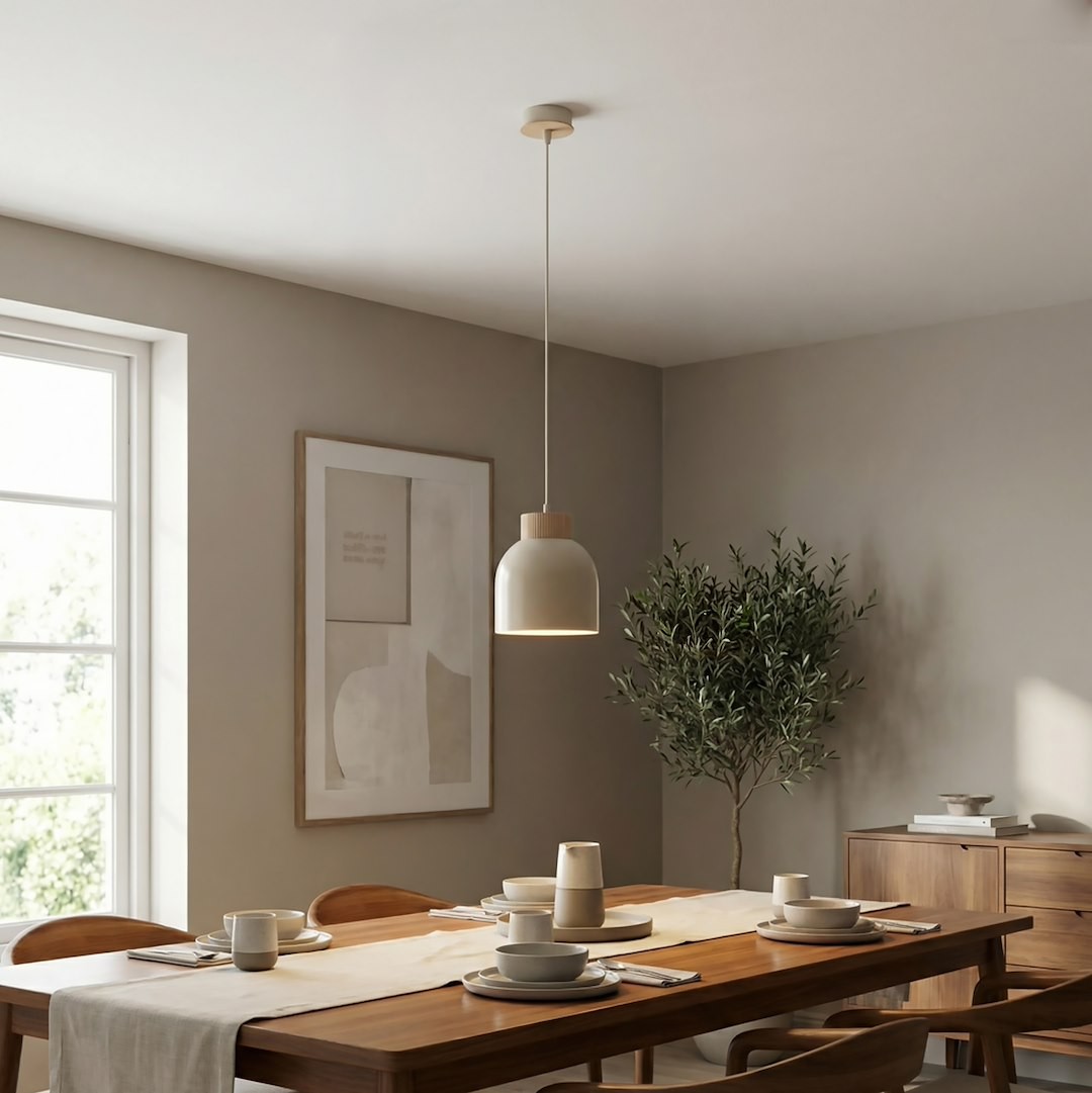 Lampa wisząca Vigo w kolorze mokka, z kloszem w formie dużej, zaokrąglonej misy, zawieszona na cienkim przewodzie. Produkt umieszczony w jasnym wnętrzu, nad drewnianym stołem, otoczony ceramicznymi naczyniami i rośliną.