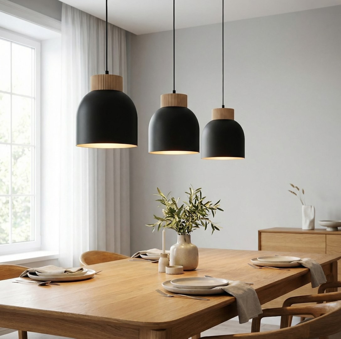 Lampa wisząca Vigo 3xE27 w kolorze czarnym z drewnianymi detalami, zawieszona nad stołem w nowoczesnej jadalni. Trzy lampy o zaokrąglonym kształcie, wiszące na cienkich, czarnych kablach. Otoczenie jasne, z drewnianym stołem i dekoracjami.