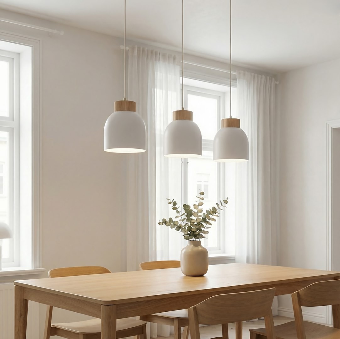 Lampa wisząca Vigo 3xE27 w białym kolorze z drewnianymi detalami, zawieszona nad drewnianym stołem. Widoczne trzy klosze w kształcie kubka, w tle okna i zasłony, dekoracja stołu z wazonem i roślinami.