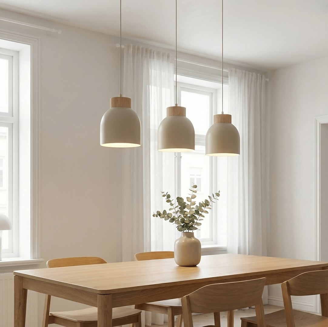 Lampa wisząca Vigo 3xE27 w kolorze mokka z drewnianymi detalami, zawieszona nad drewnianym stołem. Obok widać wazon z roślinami, a w tle jasne okna z zasłonami.