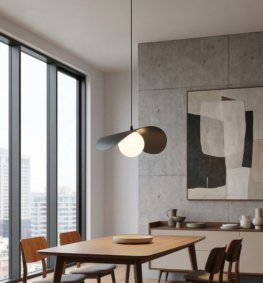 Czarna lampa wisząca Ritual M z kloszem w kształcie owalu i białym źródłem światła, zawieszona na cienkim przewodzie, w nowoczesnej aranżacji jadalni z drewnianym stołem i minimalistycznymi meblami. Tło z szarym betonem i dużymi oknami.