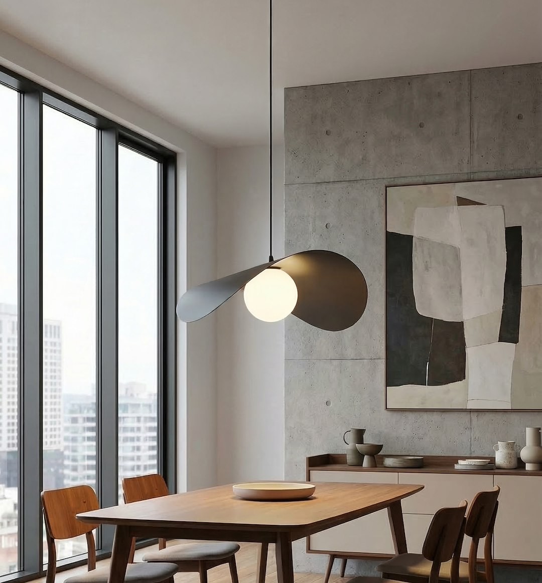 Czarna lampa wisząca Ritual L z jedną żarówką G9, zawieszona nad drewnianym stołem w nowoczesnym wnętrzu. Lampa ma minimalistyczny design z okrągłym kloszem i asymetrycznymi, płaskimi detalami. Tło stanowi betonowa ściana i duże okna.