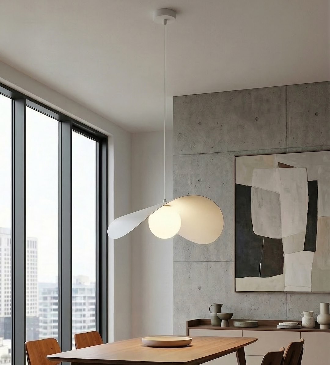 Lampa wisząca Ritual L w kolorze białym z jedną żarówką G9, zawieszona na cienkim kablu. Ma opływowy kształt z dwiema asymetrycznymi osłonami, umieszczona nad drewnianym stołem w nowoczesnym wnętrzu z betonową ścianą i dużymi oknami.