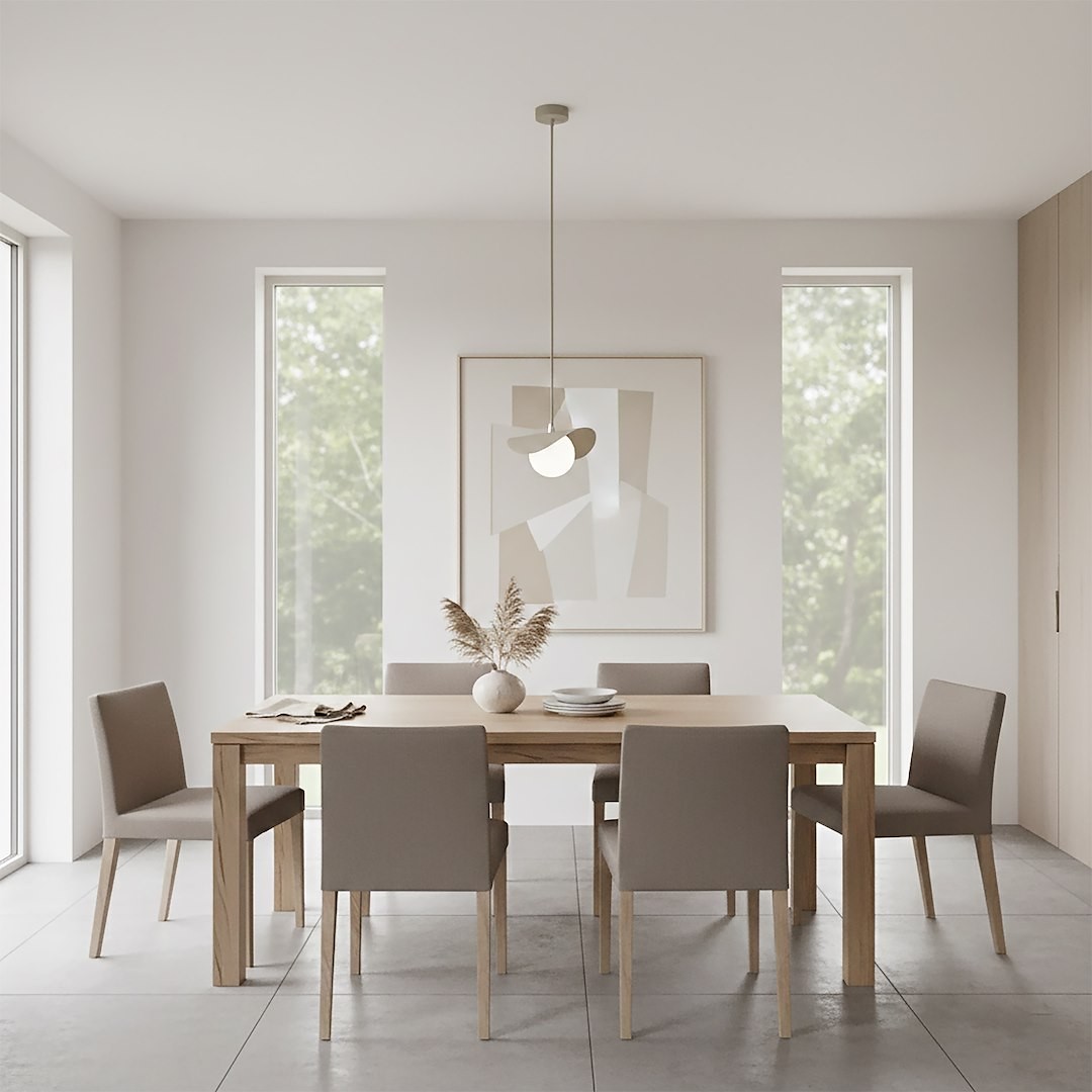 Lampa wisząca Ritual S w kolorze mokka, zawieszona na cienkim kablu, z pojedynczym źródłem światła G9. Zainstalowana nad drewnianym stołem w jasnym wnętrzu, w otoczeniu sześciu szarych krzeseł i dużych okien.