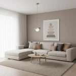 Lampa wisząca Ritual S w kolorze mokka z jednym gniazdem G9, zawieszona nad jasną sofą. Prosty, nowoczesny kształt, estetyka minimalistyczna. Tło w neutralnych odcieniach, z dużym oknem i zasłonami. Idealna do aranżacji wnętrz.