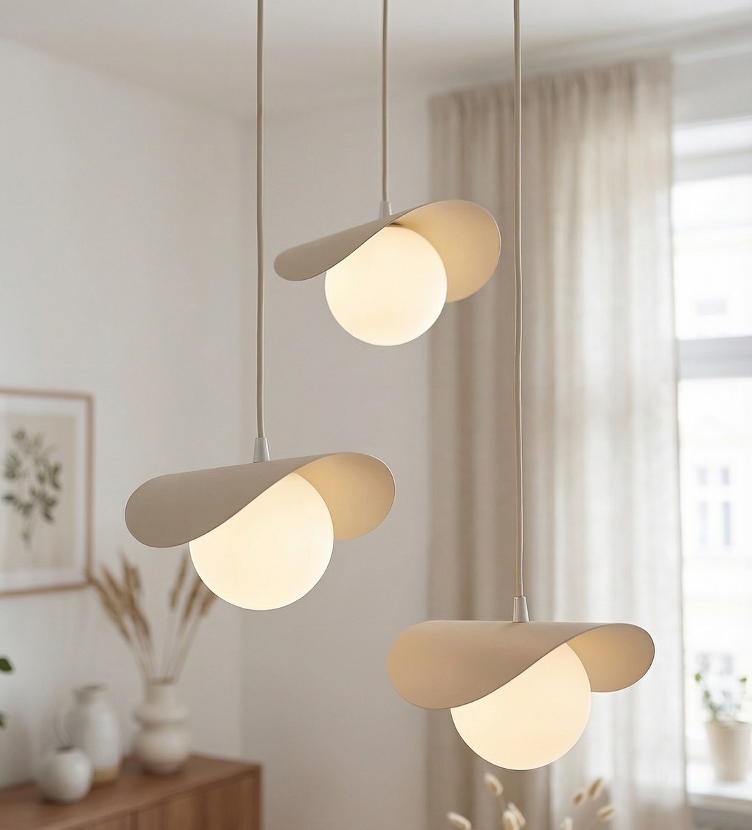 Lampa wisząca Ritual S w kolorze mokka z jedną oprawą G9, z trzema lekko zaokrąglonymi kloszami w kształcie fal, zawieszona na delikatnych przewodach w jasnym wnętrzu, z tłem w postaci firan i drewnianego mebla.