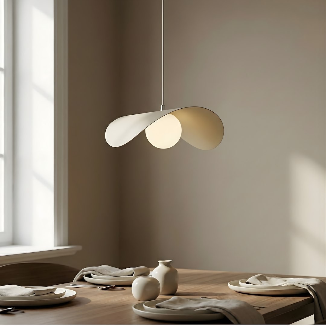 Lampa wisząca Ritual M w kolorze mokka, z podwójnym kloszem w kształcie fal, zawieszona nad drewnianym stołem. W tle talerze i zastawa stołowa. Klosze emitują ciepłe światło, tworząc przytulną atmosferę.