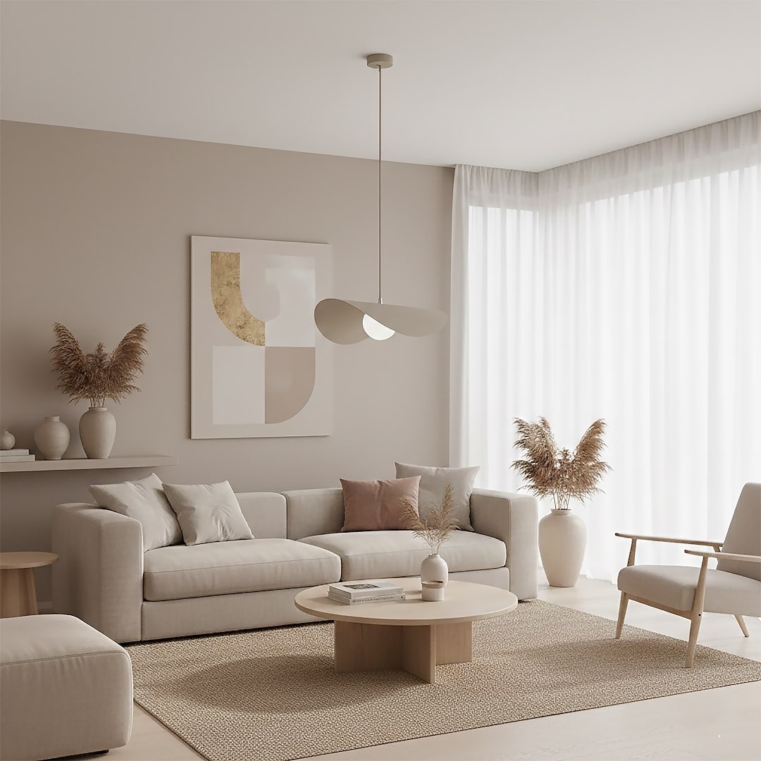 Lampa wisząca Ritual L w kolorze mokka, z jednym miejscem na żarówkę G9, zawieszona w nowoczesnym wnętrzu. Produkt ma minimalistyczny kształt i jest umieszczony nad okrągłym stołem w jasnym, przytulnym salonie.