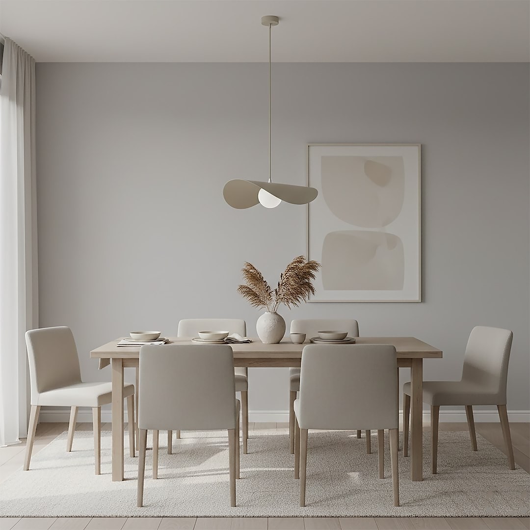 Lampa wisząca Ritual L w kolorze mokka, z miejscem na żarówkę G9, zawieszona nad drewnianym stołem. W tle minimalistyczne wnętrze z szarymi ścianami, sześcioma tapicerowanymi krzesłami i wazonem z suszonymi roślinami.