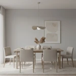 Lampa wisząca Ritual L w kolorze mokka, z miejscem na żarówkę G9, zawieszona nad drewnianym stołem. W tle minimalistyczne wnętrze z szarymi ścianami, sześcioma tapicerowanymi krzesłami i wazonem z suszonymi roślinami.