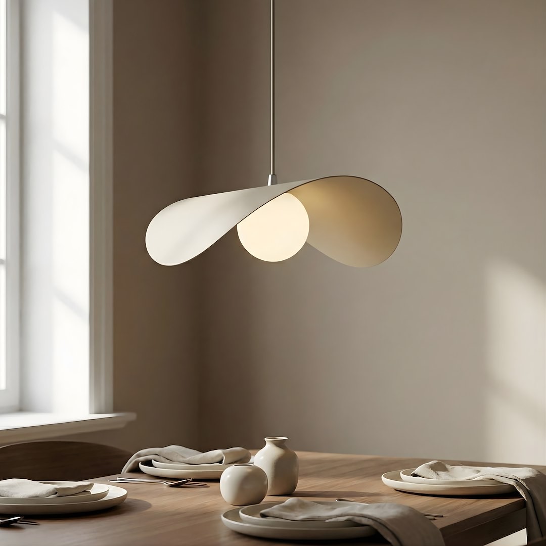 Lampa wisząca Ritual L w kolorze mokka z jednym źródłem światła G9. Posiada opływowy, dwuczęściowy klosz w odcieniu beżowym, zawieszony na cienkim metalowym przewodzie, nad drewnianym stołem z zastawą i ceramiką w jasnych kolorach.