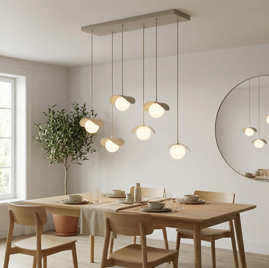 Lampa wisząca Ritual w kolorze mokka z sześcioma kloszami G9, zawieszona na prostokątnej, metalowej podstawie. W tle widoczna jadalnia z drewnianym stołem, krzesłami i rośliną, w otoczeniu jasnych ścian i dużego lustra.
