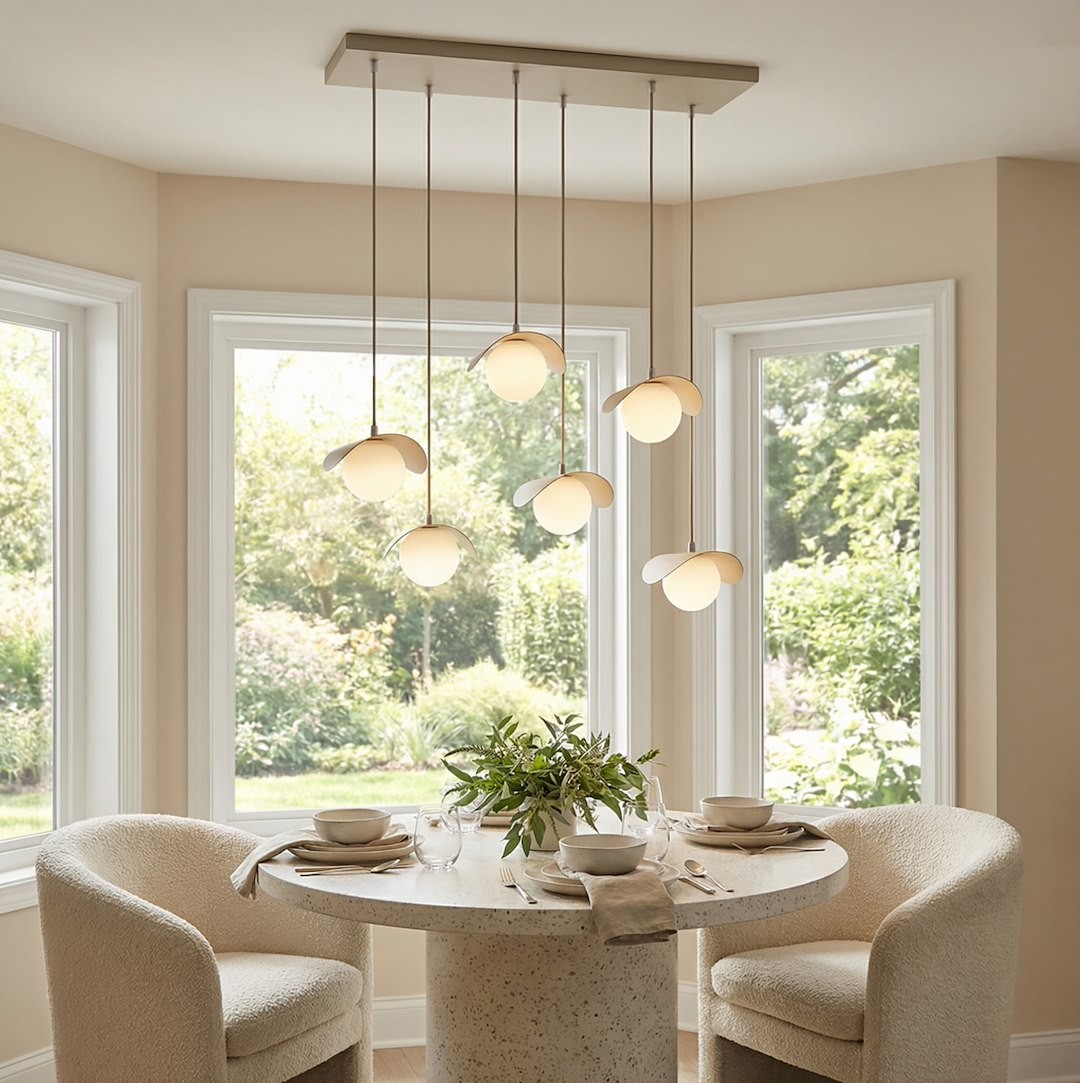 Lampa wisząca Ritual 6xG9 w kolorze mokka, z sześcioma kloszami w kształcie kwiatu, zawieszona na prostokątnej podstawie, umieszczona nad okrągłym stołem w jasnym wnętrzu. Tło z dużymi oknami i zielonym otoczeniem.