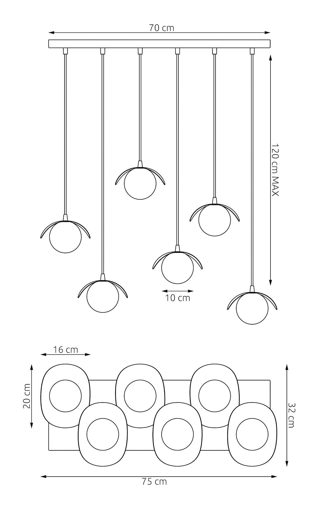 Lampa wisząca Ritual w kolorze mokka, z sześcioma okrągłymi kloszami o średnicy 10 cm, zawieszona na długich linkach. Wymiary: długość 70 cm, wysokość maksymalna 120 cm. Abstrakcyjny design z metalowym wykończeniem.