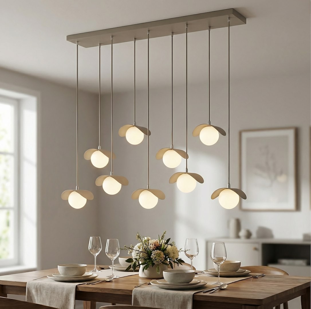 Lampa wisząca Ritual w kolorze mokka z dziewięcioma źródłami światła G9. Okrągłe klosze z białego szkła z dekoracyjnymi, beżowymi elementami na górze. Zawieszona na metalowej listwie nad drewnianym stołem w eleganckim wnętrzu.