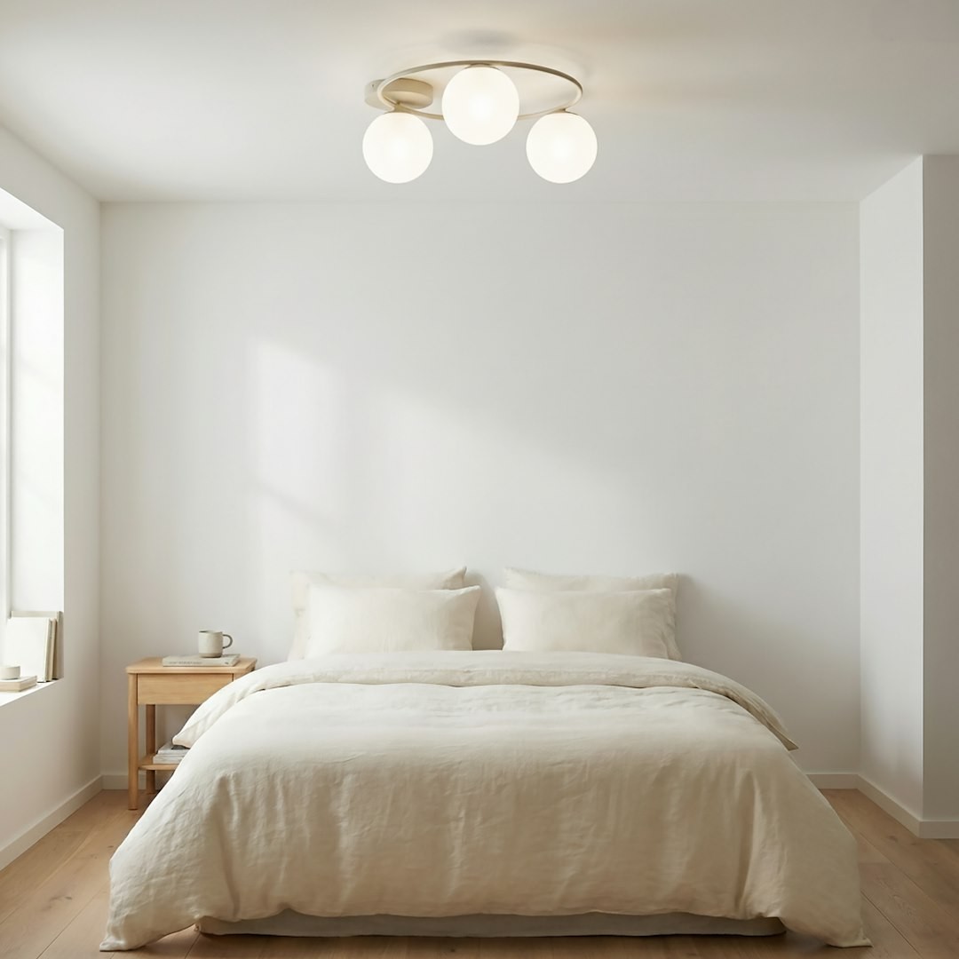 Lampa sufitowa Sopra 3xE14 w kolorze mokka z białymi kloszami. Umieszczona na gładkim, jasnym suficie, w pomieszczeniu z łóżkiem i oknem. Klosze w formie kul, montowane na okrągłej podstawie, w minimalistycznym stylu.