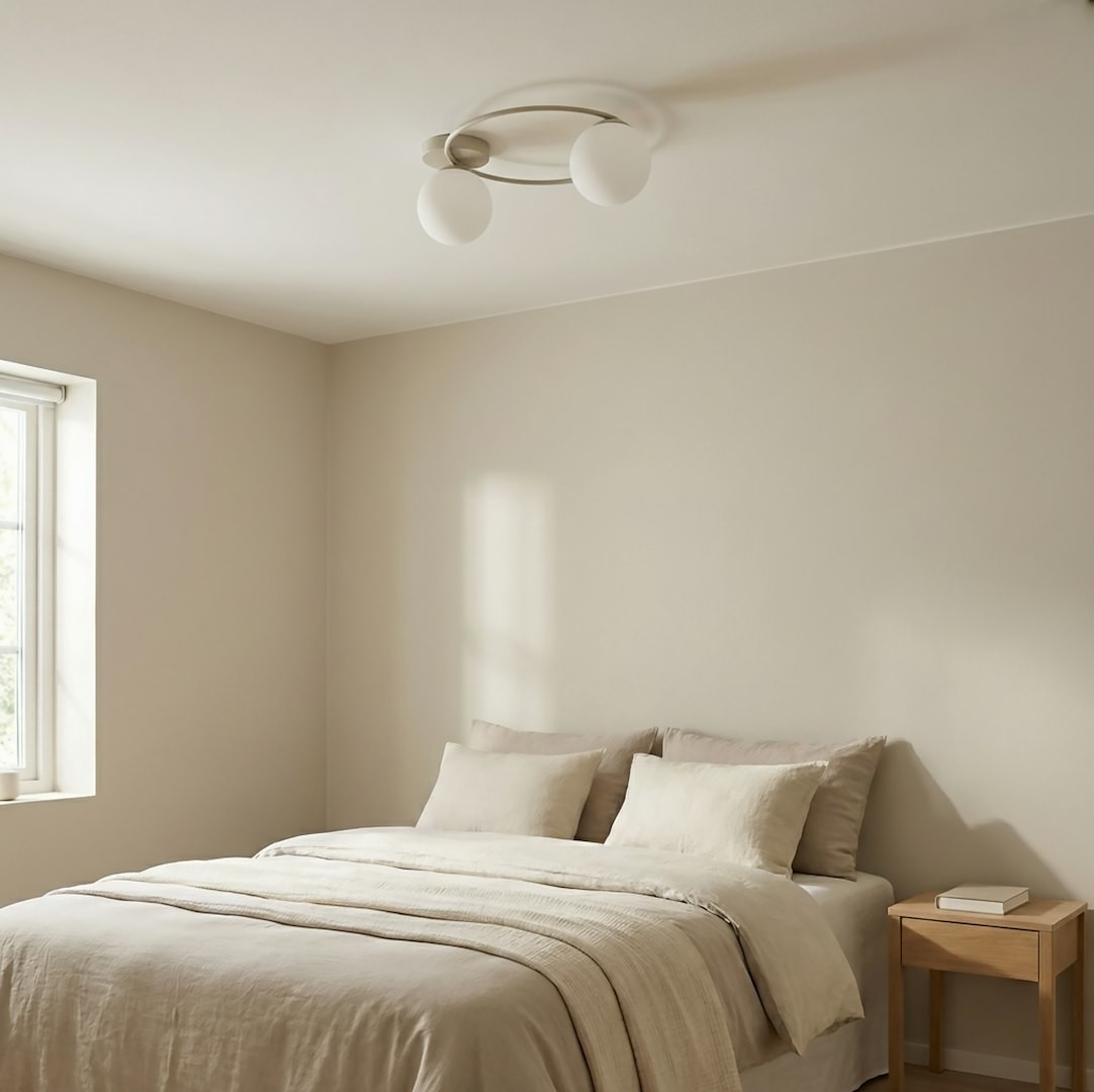 Lampa sufitowa Sopra 2xE14 w kolorze mokka i białym, z dwoma okrągłymi kloszami, zamontowana na suficie w jasnym, minimalistycznym wnętrzu sypialni z łóżkiem i drewnianym stolikiem nocnym.