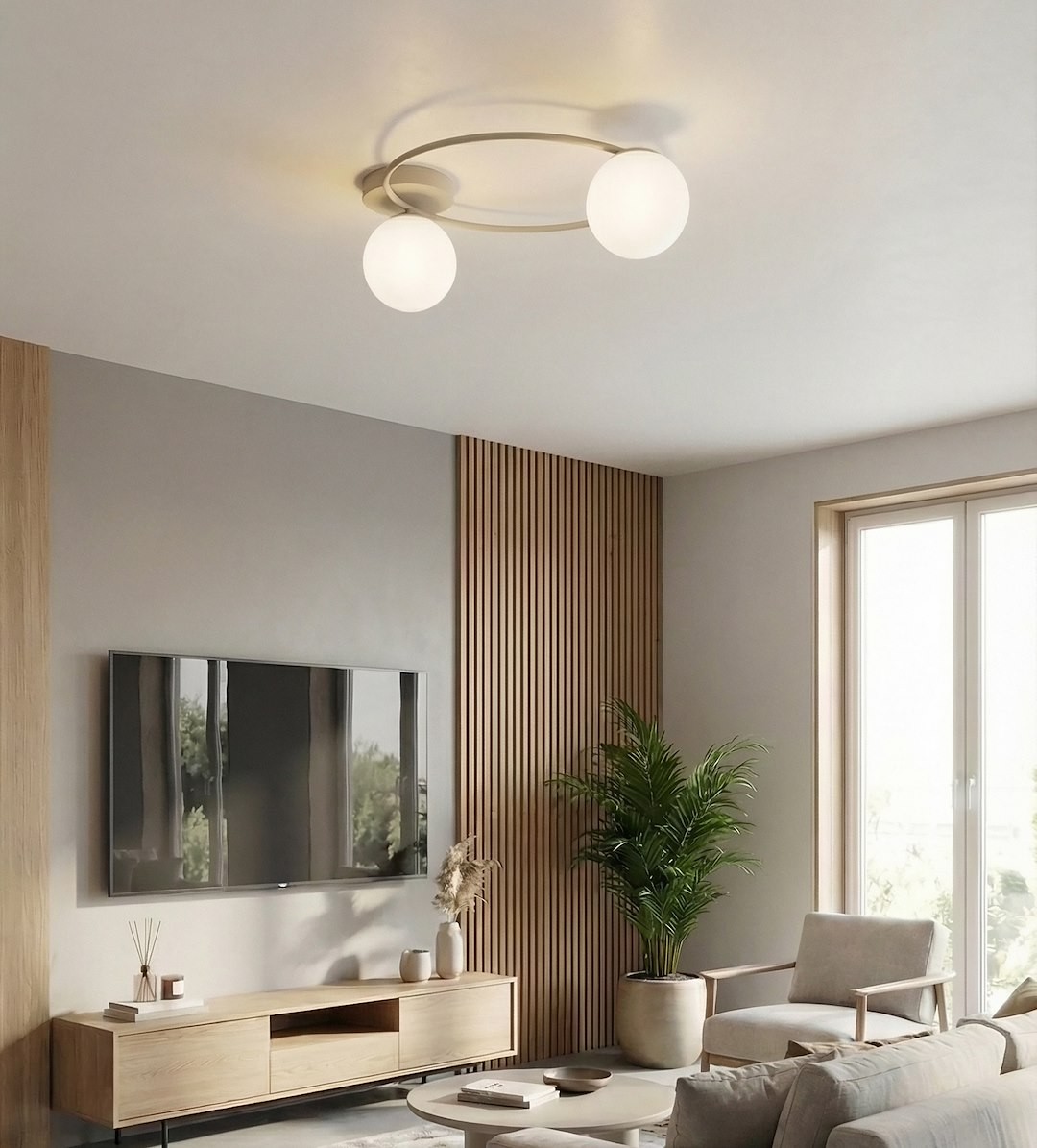 Lampa sufitowa Sopra 2xE14 w kolorze mokka i białym, zamontowana na suficie. Posiada dwa okrągłe klosze z mlecznego szkła. Ujęcie frontalne, w nowoczesnym wnętrzu z drewnianymi akcentami i roślinnością w tle.