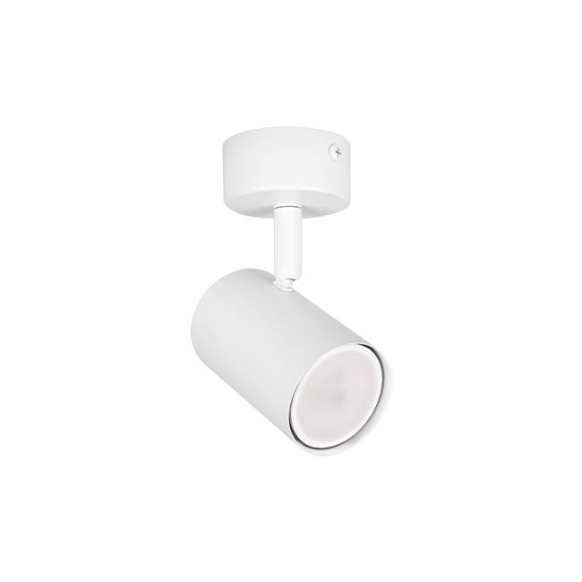 Biała lampa sufitowa spot Richi z gwintem GU10, w formie cylindrycznej oprawy, zamontowana na okrągłej podstawie. Ujęcie z boku, pokazujące kierunek światła. Prosty, nowoczesny design, idealna do oświetlenia wnętrz.