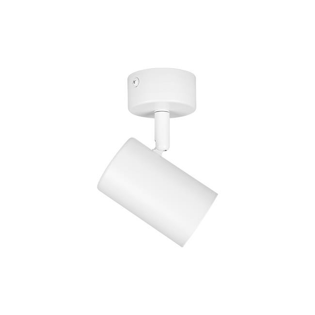 Biała lampa sufitowa spot Richi z oprawą GU10, zamontowana na okrągłej podstawie. Kąt ujęcia z boku, ukazujący cylindryczny korpus lampy nachylony w dół. Prosta, nowoczesna forma, idealna do oświetlenia wnętrz.