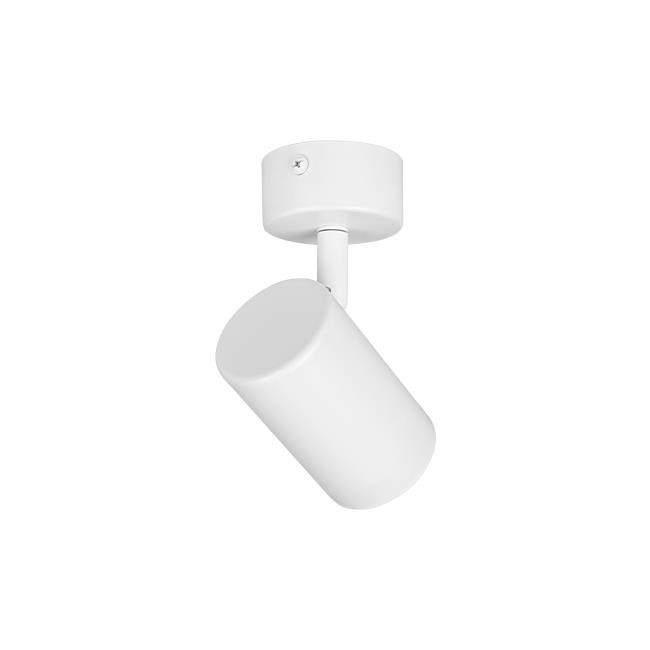 Lampa sufitowa spot GU10 Richi w kolorze białym, o cylindrycznym kształcie, zamontowana na okrągłej podstawie. Ujęcie z boku, ukazujące jej minimalistyczny design i możliwość regulacji kierunku światła.