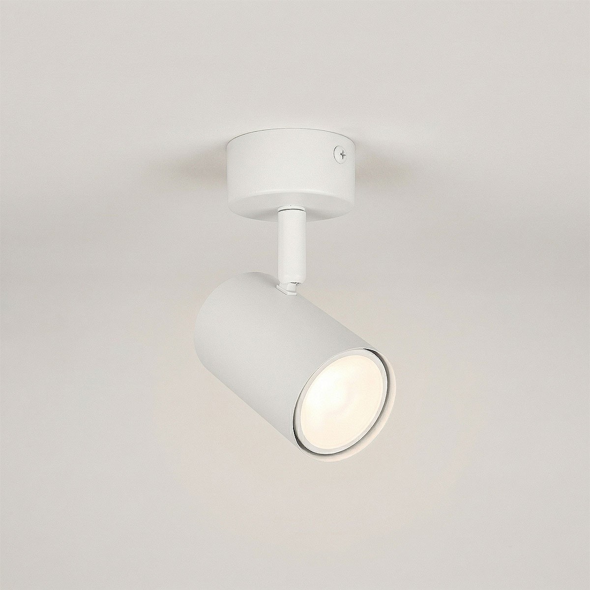 Biała lampa sufitowa spot Richi z oprawą w formie cylindrycznego reflektora, zamontowana na okrągłej podstawie. Ujęcie z boku, ukazujące skierowaną w dół źródło światła. Prosty, nowoczesny design, idealna do oświetlenia wnętrz.