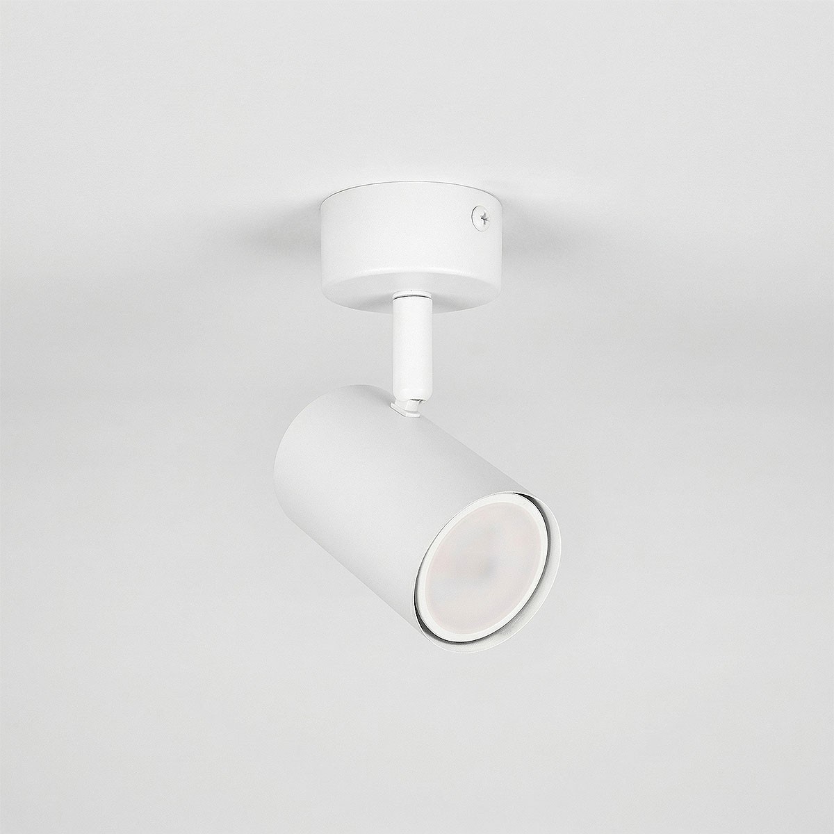Biała lampa sufitowa spot Richi GU10 z cylindrycznym kloszem, zamocowana na białym stelażu. Ujęcie z dołu, pokazujące obracający się klosz. Prosta, nowoczesna konstrukcja, idealna do oświetlenia wnętrz.