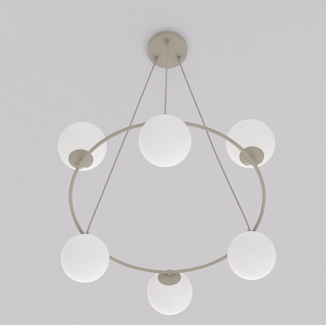Lampa wisząca Azura w kolorze mokka i białym, z sześcioma okrągłymi kloszami z matowego szkła. Produkt zawieszony na cienkich linkach w formie okręgu, montowany do sufitu. Prosty, nowoczesny design w minimalistycznym stylu.