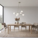 Lampa wisząca Azura w kolorze mokka i białym, z sześcioma okrągłymi kloszami, zawieszona nad drewnianym stołem w nowoczesnej jadalni. Tło jasne, z oknem i roślinnością, meble w neutralnych odcieniach.