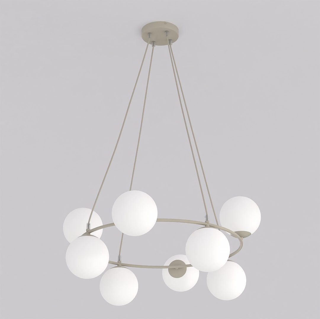 Lampa wisząca Azura w kolorze mokka i białym, z ośmioma okrągłymi kloszami z białego szkła zawieszonymi na metalowej konstrukcji. Ujęcie z góry, prezentujące elegancki design i nowoczesny styl.