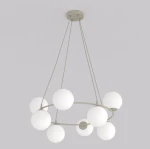 Lampa wisząca Azura w kolorze mokka i białym, z ośmioma okrągłymi kloszami z białego szkła zawieszonymi na metalowej konstrukcji. Ujęcie z góry, prezentujące elegancki design i nowoczesny styl.