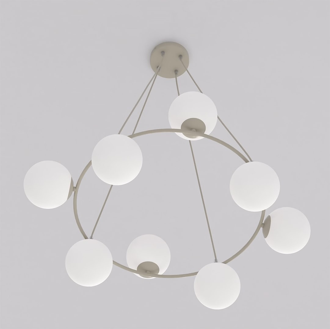 Lampa wisząca Azura w kolorze mokka i białym, z ośmioma kulistymi kloszami z białego szkła. Produkt zawieszony na metalowej konstrukcji z mocowaniem sufitowym, w kształcie okręgu, zapewniający nowoczesny wygląd.