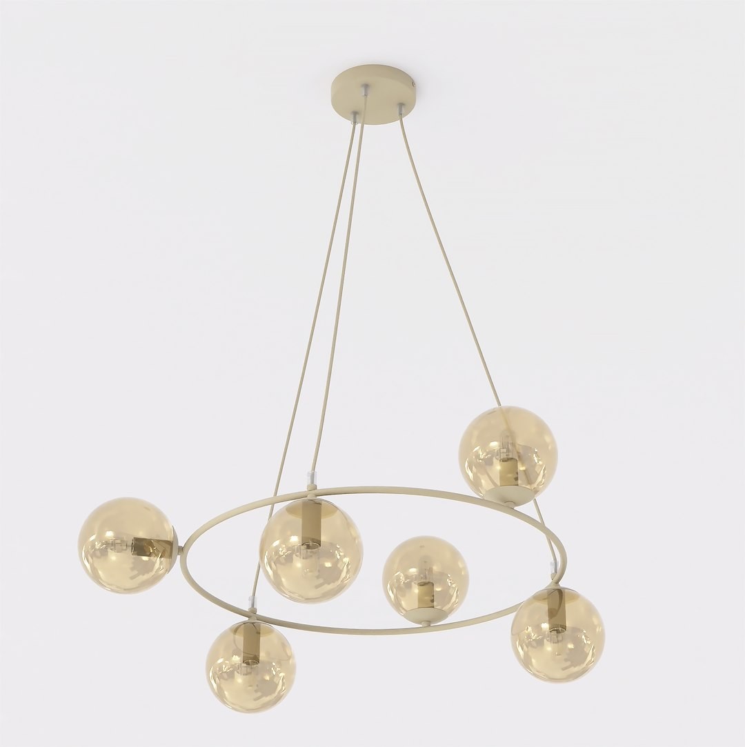 Lampa wisząca Azura 6xE14 w kolorze mokka/bursztyn, z pięcioma szklanymi kloszami w kształcie kul, zawieszona na cienkich linkach. Okrągła podstawa w neutralnym kolorze, z minimalistycznym designem, idealna do nowoczesnych wnętrz.