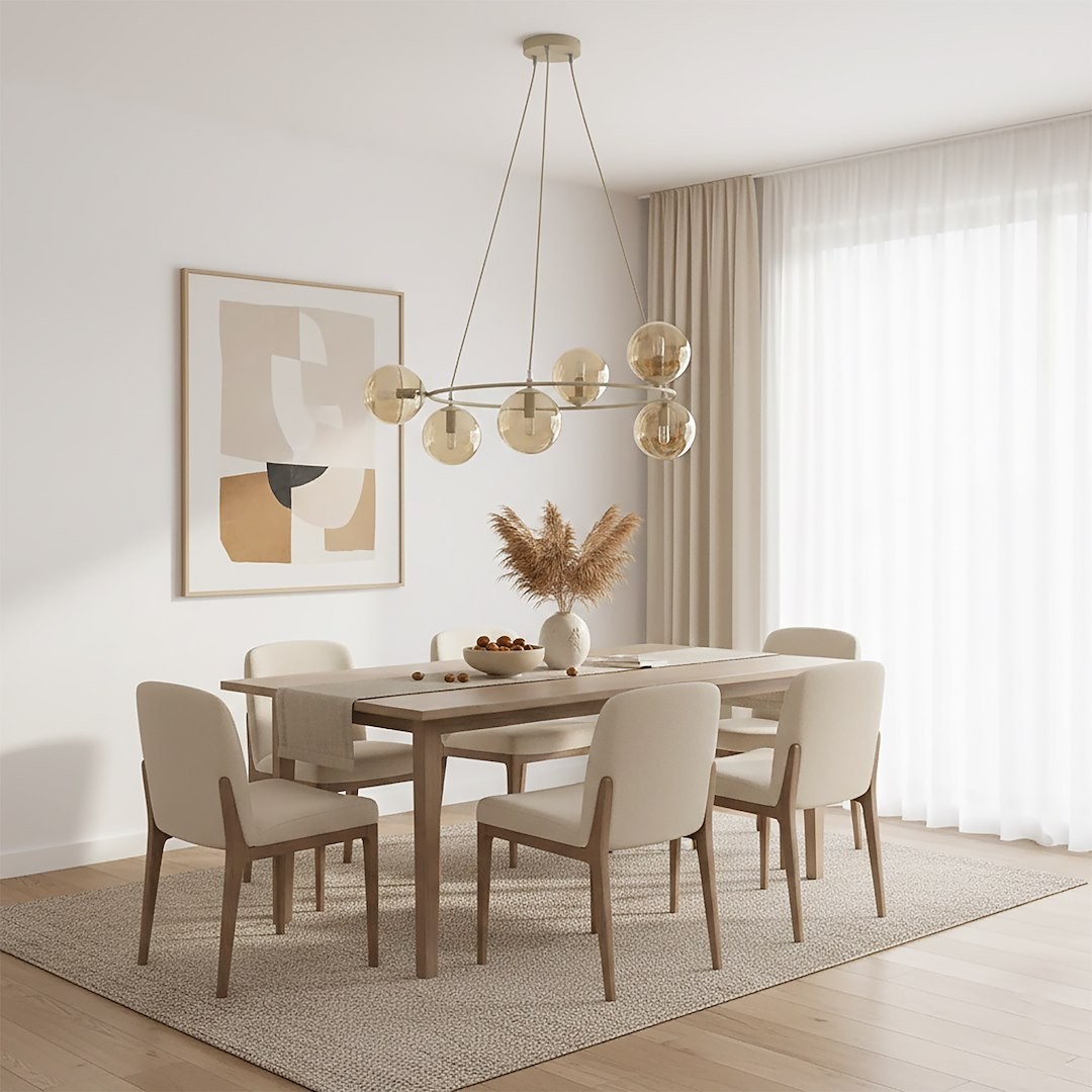 Lampa wisząca Azura 6xE14 w odcieniach mokka i bursztynu, zawieszona nad drewnianym stołem w jasnej jadalni. Szklane klosze w kształcie kul, nowoczesny design, w otoczeniu minimalistycznych mebli i dekoracji.