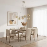 Lampa wisząca Azura 6xE14 w odcieniach mokka i bursztynu, zawieszona nad drewnianym stołem w jasnej jadalni. Szklane klosze w kształcie kul, nowoczesny design, w otoczeniu minimalistycznych mebli i dekoracji.