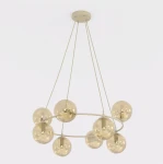 Lampa wisząca Azura, 8 źródeł światła E14, w kolorze mokka i bursztynu. Okrągła konstrukcja z przezroczystymi kulami zawieszona na cienkich linkach. Całość na jasnym tle, prezentująca elegancki design.