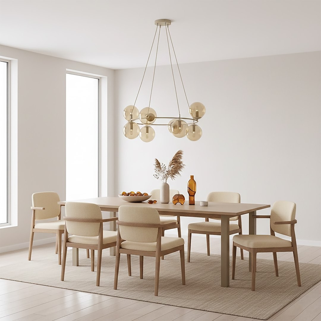 Lampa wisząca Azura w kolorze mokka i bursztynu z ośmioma kloszami E14, zawieszona nad drewnianym stołem w jasnym, nowoczesnym wnętrzu. Widoczne elementy to stół, krzesła w jasnych odcieniach oraz dekoracje na stole.