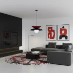 Lampa wisząca Nagoya 1xG9 w kolorze czarnym i burgundowym, z okrągłym, białym kloszem, zawieszona w nowoczesnym wnętrzu, nad szarym narożnikiem i okrągłym dywanem w abstrakcyjnym wzorze. W tle czarna ściana i dekoracyjne obrazy.
