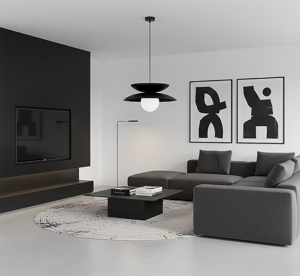 Lampa wisząca Nagoya w kolorze czarnym, z pojedynczym źródłem światła G9, zawieszona w nowoczesnym wnętrzu. Kształt nawiązujący do minimalistycznego stylu, z okrągłym białym kloszem pośrodku, w otoczeniu ciemnych mebli i monochromatycznych obrazów.
