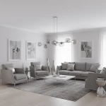Lampa wisząca Magnus 8xE14 w kolorze szarym/grafitowym, z ośmioma szklanymi kloszami w formie kul, zawieszona na długim przewodzie. Umieszczona w nowoczesnym wnętrzu z szarymi meblami i dekoracjami, na tle jasnej ściany i okien.