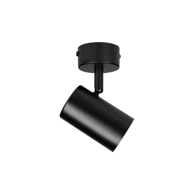 Lampa sufitowa spot Richi GU10 w kolorze czarnym, z cylindrycznym kloszem, zamontowana na okrągłej podstawie. Klosz nachylony pod kątem, wykonana z metalu, idealna do nowoczesnych wnętrz.