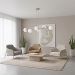 Lampa wisząca Magnus z sześcioma oprawami E14 w kolorze mokka i białym, zawieszona na cienkich linkach w nowoczesnym wnętrzu. Otoczenie to jasne fotele oraz stół na dywanie, z roślinami w tle.