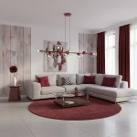 Lampa wisząca Magnus 8xE14 w kolorze burgundowym z przezroczystymi kloszami, zawieszona nad szaro-beżową sofą w salonie. W tle widoczne czerwone zasłony oraz dekoracje na ścianach. Zestawiony z okrągłym dywanem i stolikiem kawowym.